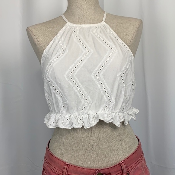 Forever 21, Eyelet Cotton Embroidered Ruffle Crop Halter Top-White, Sz S - Picture 4 of 10